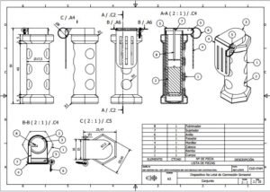 Plano técnico de ingeniería mecánica con cotas y vistas 2D - Diseño 3D Getafe