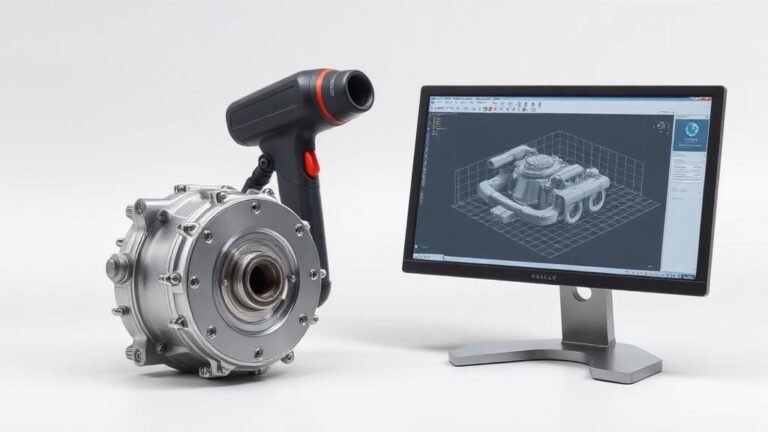 Pieza metalica junto a escaner 3D y modelo CAD en pantalla